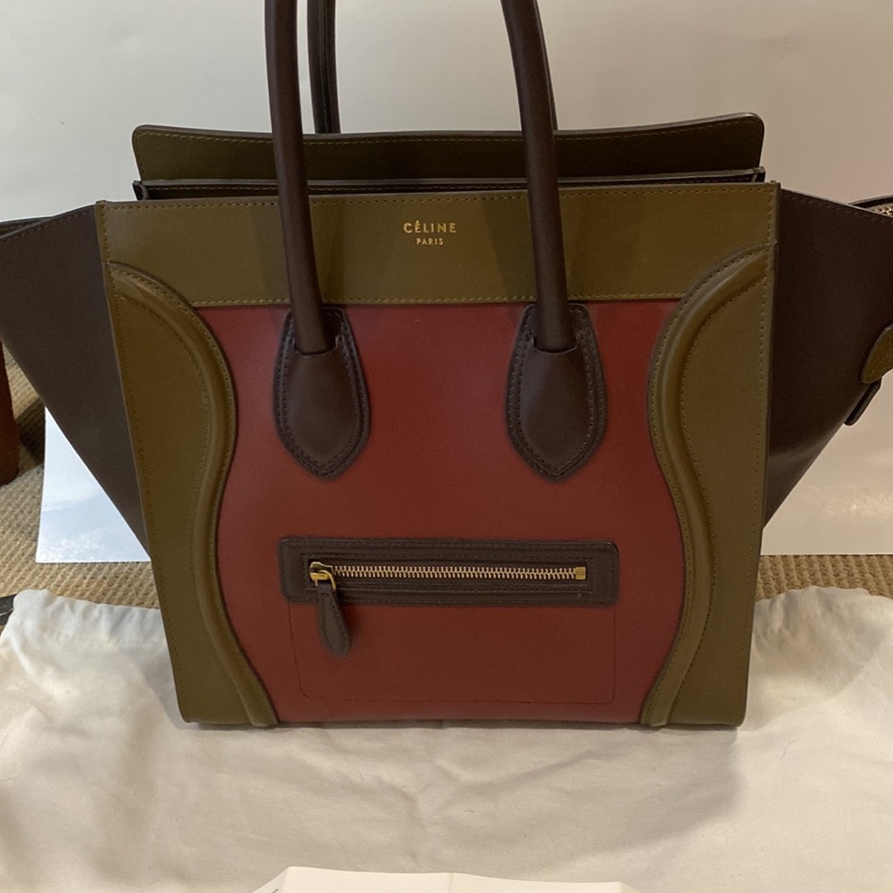 CELINE LARGE LUGGAGE TOTE NWOT BURGUNDY BROWN AND OLIVE GREEN - Picture 3 of 17